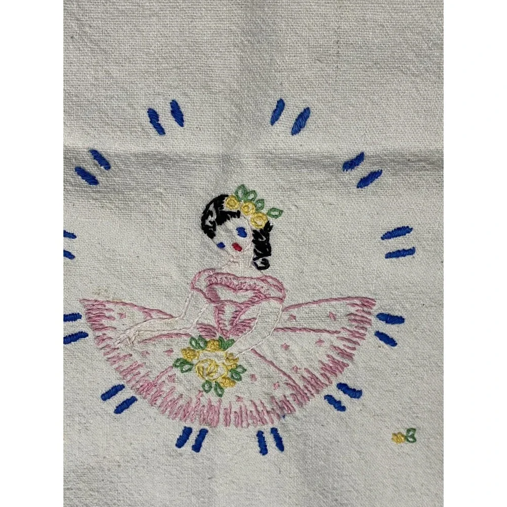 Vtg. Table Runner W/ Girl- Pink Hand Embroidered Cotton 14 X 36”